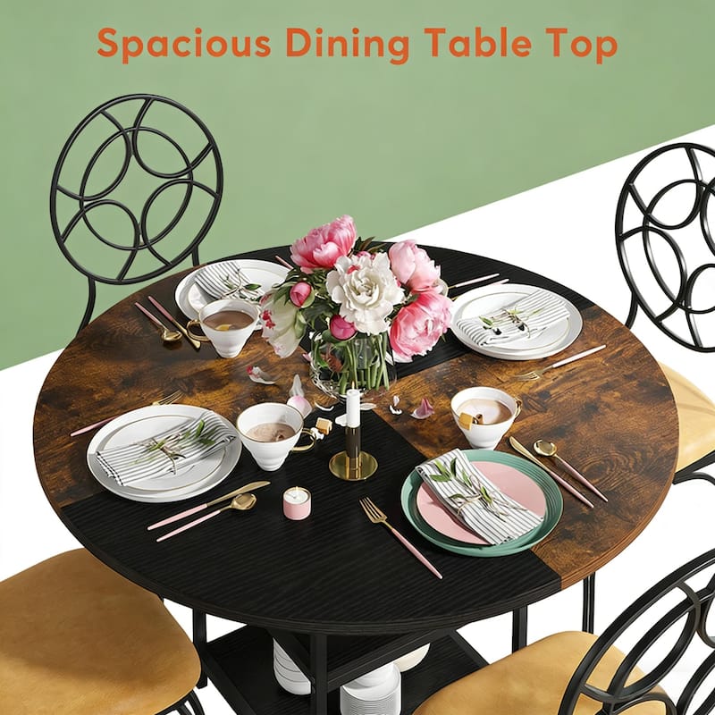 Round Dining Table with Storage Shelf, Kitchen Table with Black and Brown Splicing Desktop, Office Table Coffee Table