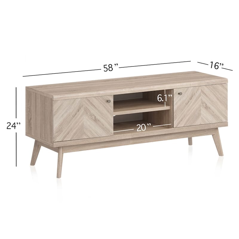 Living Skog Scandi Mid-Century Modern Herringbone TV Stand for TV Up to 65 Inches with Wooden Legs