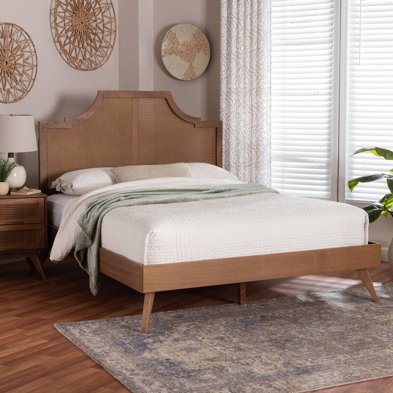 Rodolfo Platform Bed - Mid-Century Modern Bed with Woven Rattan Headboard, Queen