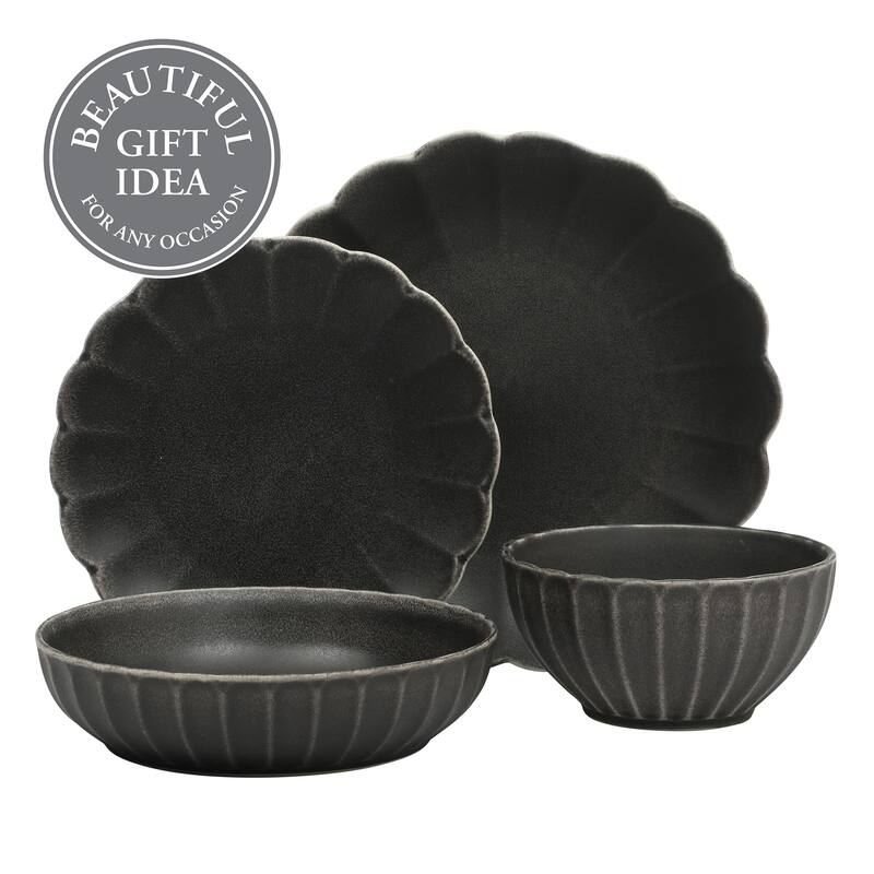 Gibson Elite Malibu Shore 16 Piece Scallop Stoneware Reactive Glaze (Service for 4) Ceramic Plates and Bowls Dinnerware Set