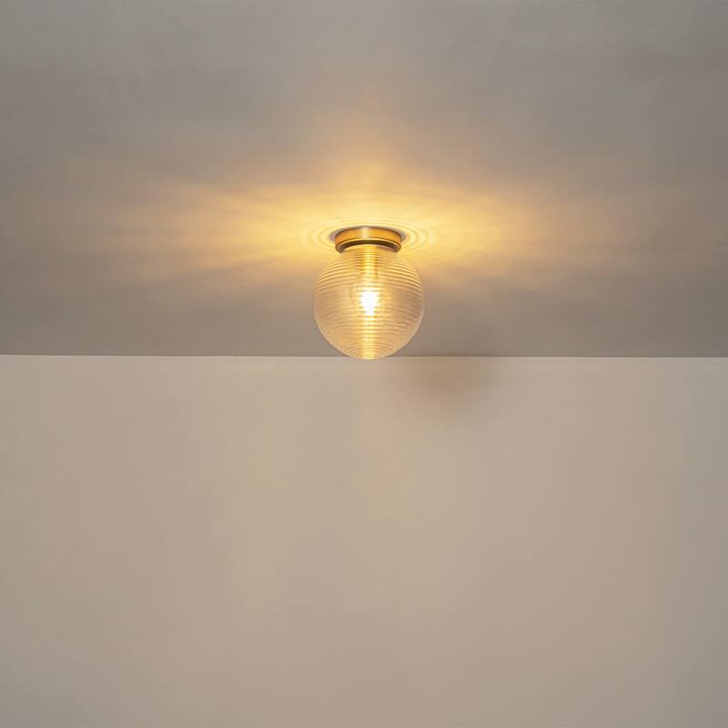 9.84 in. 1-Light Modern Brushed Gold Ribbed Clear Glass Globe Semi-Flush Mount Ceiling Light - 9.84 in. W x 10.63 in. H