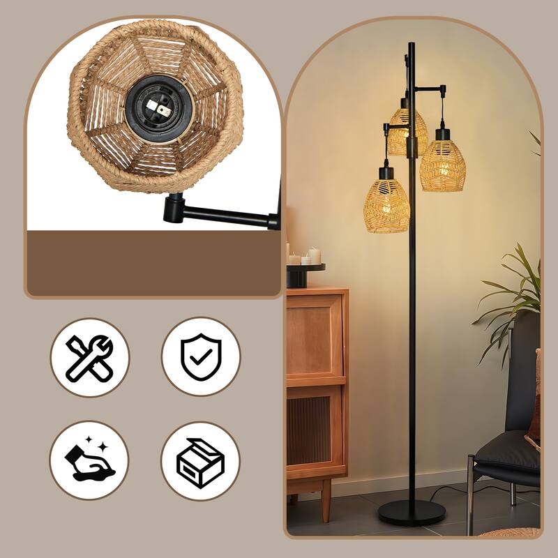 3-Light Woven Rattan Globe Tree Tall Floor Lamp