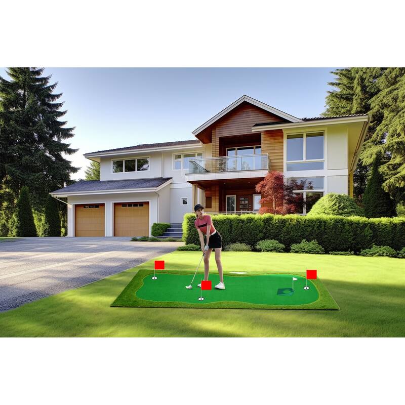 Indoor/Outdoor Putting Green Mat with Stainless Steel Challenge Cups & Slope Design for Practice