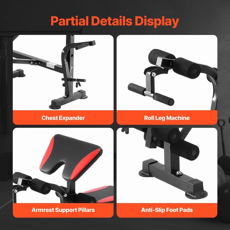 Black Red Steel Workout Bench with Rack, Foldable and Adjustable - 68.1” L x 53.9” W x 51.2” H