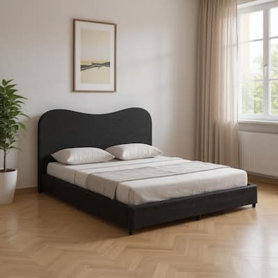 HomeRoots Black Ribbed Texture Velvet Upholstered King Bed Frame