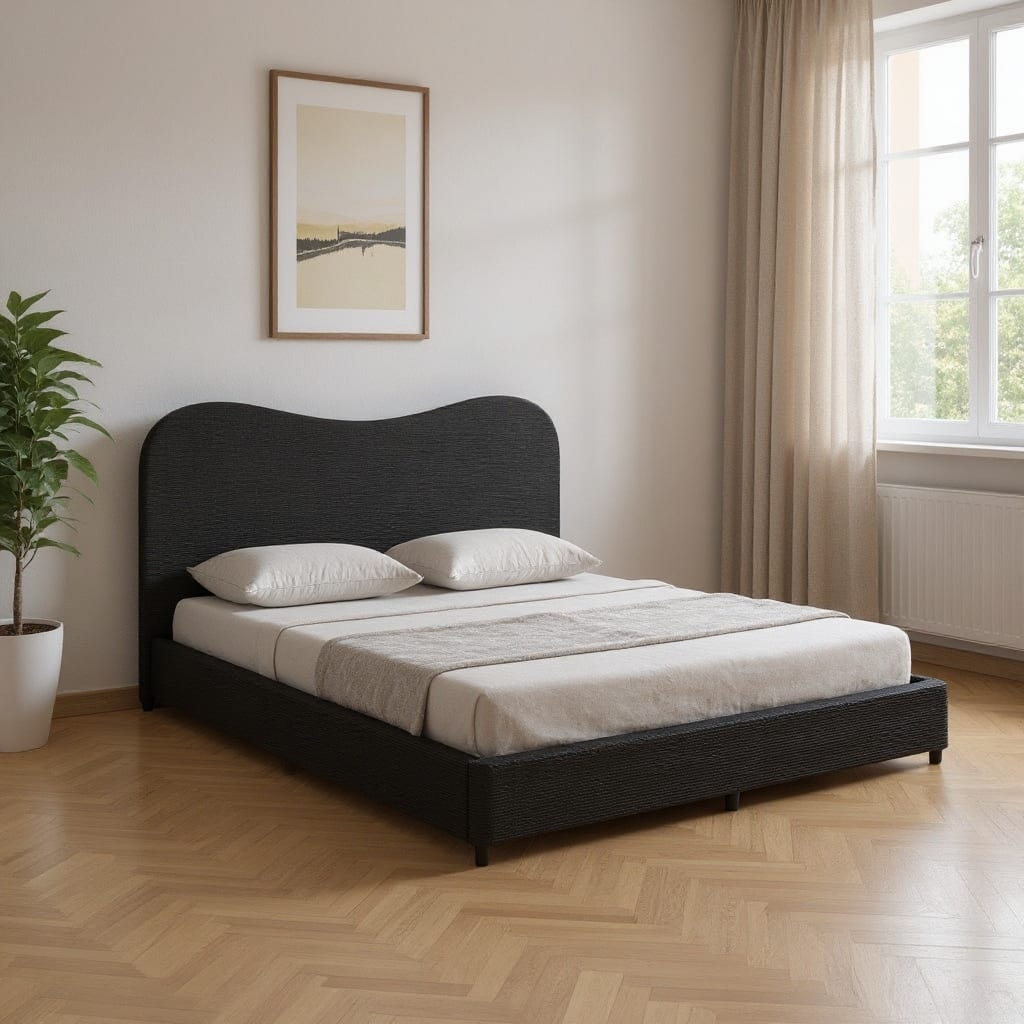 HomeRoots Black Ribbed Texture Velvet Upholstered King Bed Frame
