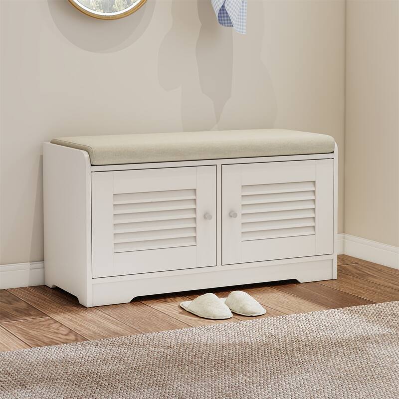 28.7" Shoe Storage Bench with 2 Doors,Cushion and Adjustable Shelves