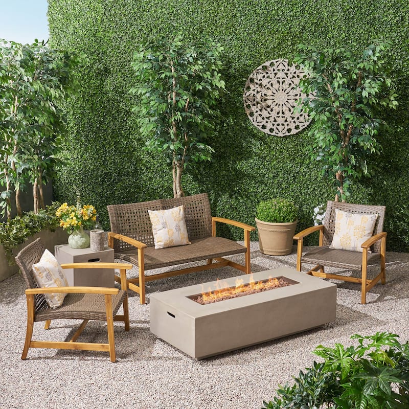Augusta Outdoor Acacia Wood and Wicker 4 Seater Chat Set with Fire Pit by Christopher Knight Home