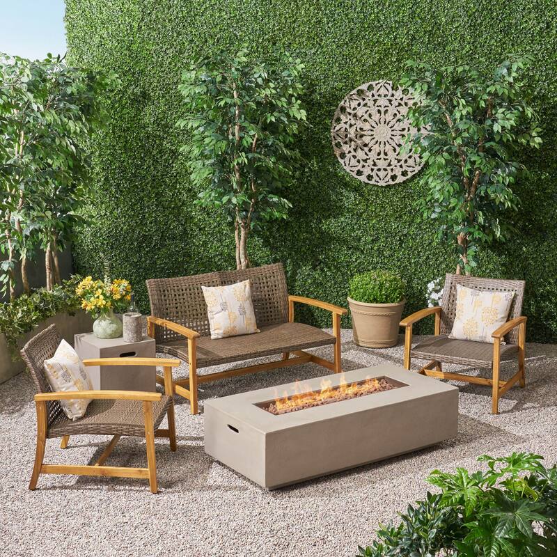 Augusta Outdoor Acacia Wood and Wicker 4 Seater Chat Set with Fire Pit by Christopher Knight Home