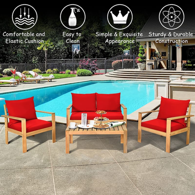 Outdoor 4 Piece Acacia Wood Chat Set Conversation Sofa and Table Set