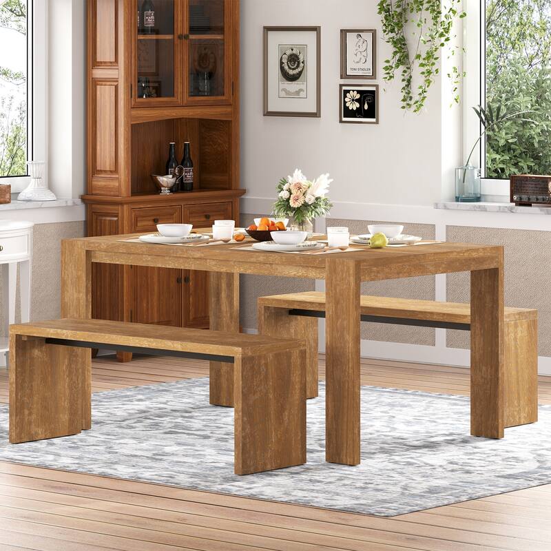 3-piece Farmhouse Style Simple Dining Set, Dining Table and 2 Benches, for Dining Room, Kitchen and Living Room (Natural