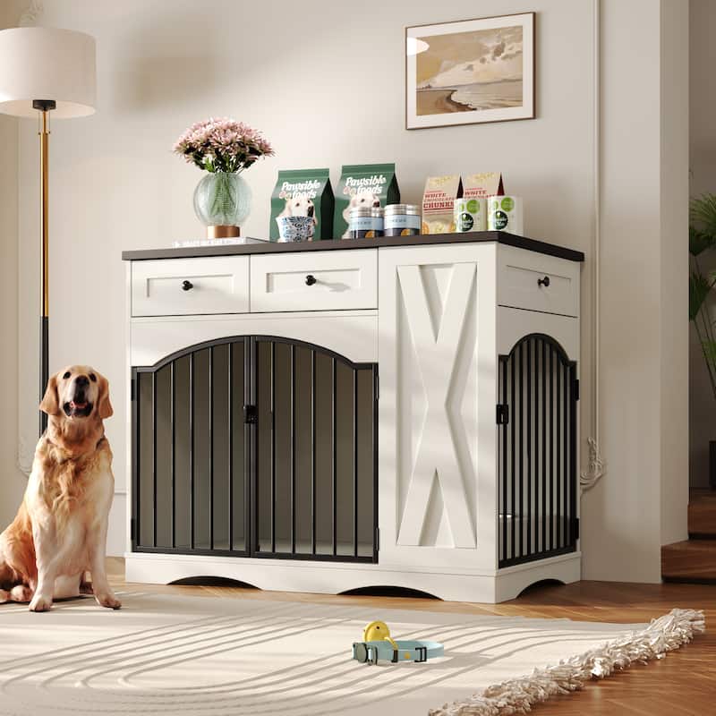 Anmytek Farmhouse Dog Crate with Storage Drawers and Feeding Bowls - Rustic Pet Kennel for Living Room - white