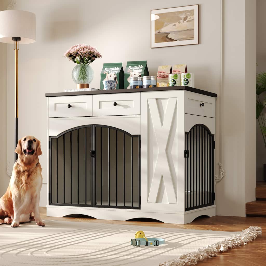 Rossetta Farmhouse Indoor Heavy Duty Double Door Design Dog Crate Furniture with Removable Feeder for Medium Large Dogs