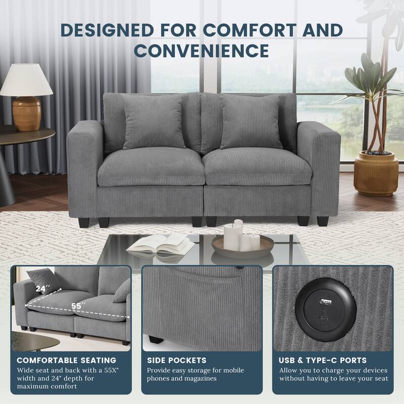 Hamilton Corduroy Upholstered Modular Loveseat with USB Port