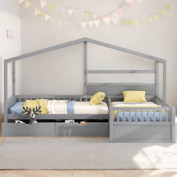 slide 2 of 11, Twin Size L-Shaped House Platform Kids Bed Frame with Three Storage Drawers for SSpace-Saving and Comfort, Easy Assembly, Grey Grey
