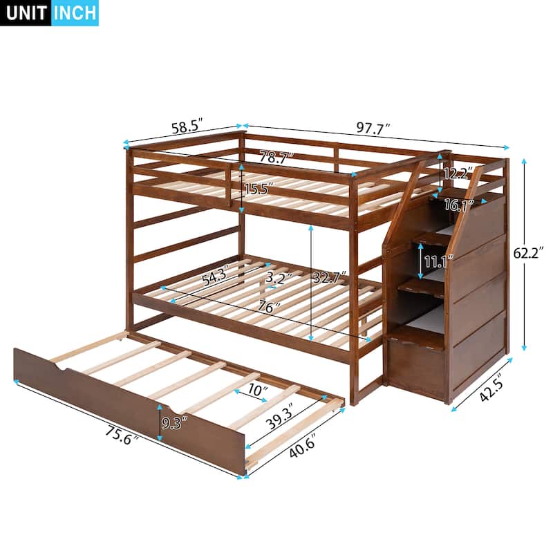Solid Wood Bunk Bed with Twin Size Trundle and 3Step Storage Stairs