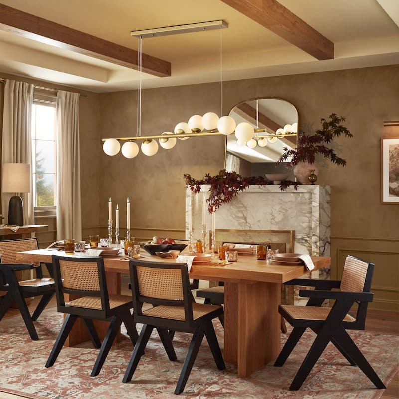 9-Light Modern Linear Cluster Frosted Glass Globe Chandelier in Gold Finish, Dining Room Light