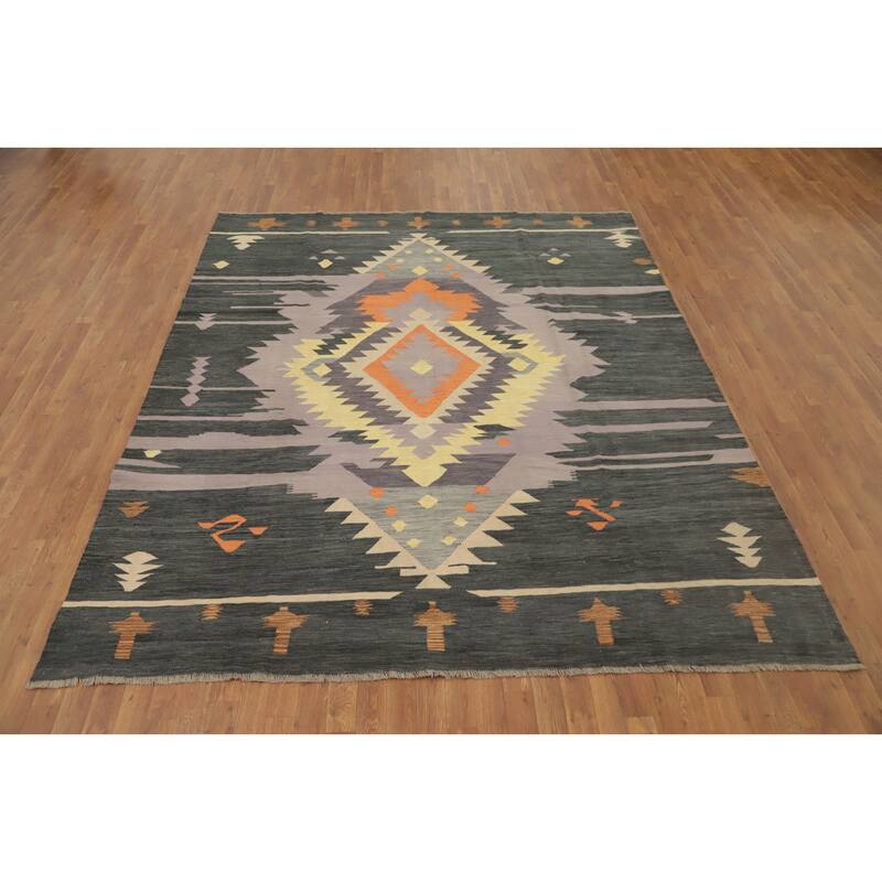 Hand Woven Oriental 100% Wool Carpet Southwestern Tribal Greys & Charcoal Kilim Area Rug - 9' 6'' X 7' 11''