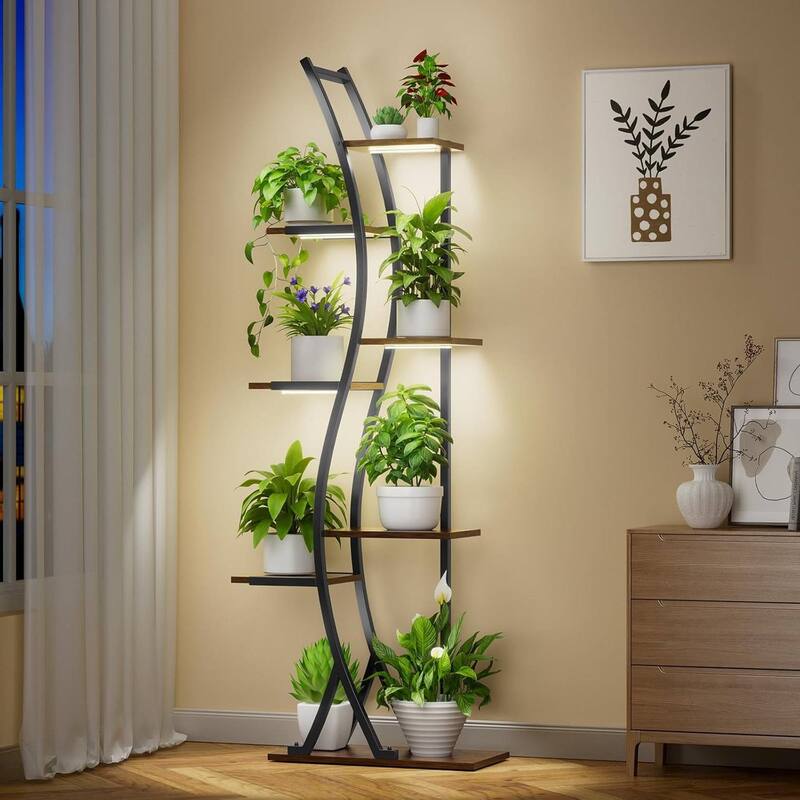 Wood Metal 7-Tier Indoor Plant Stand with Grow Lights and Timer - 19.69 x 9.45 x 63 inches