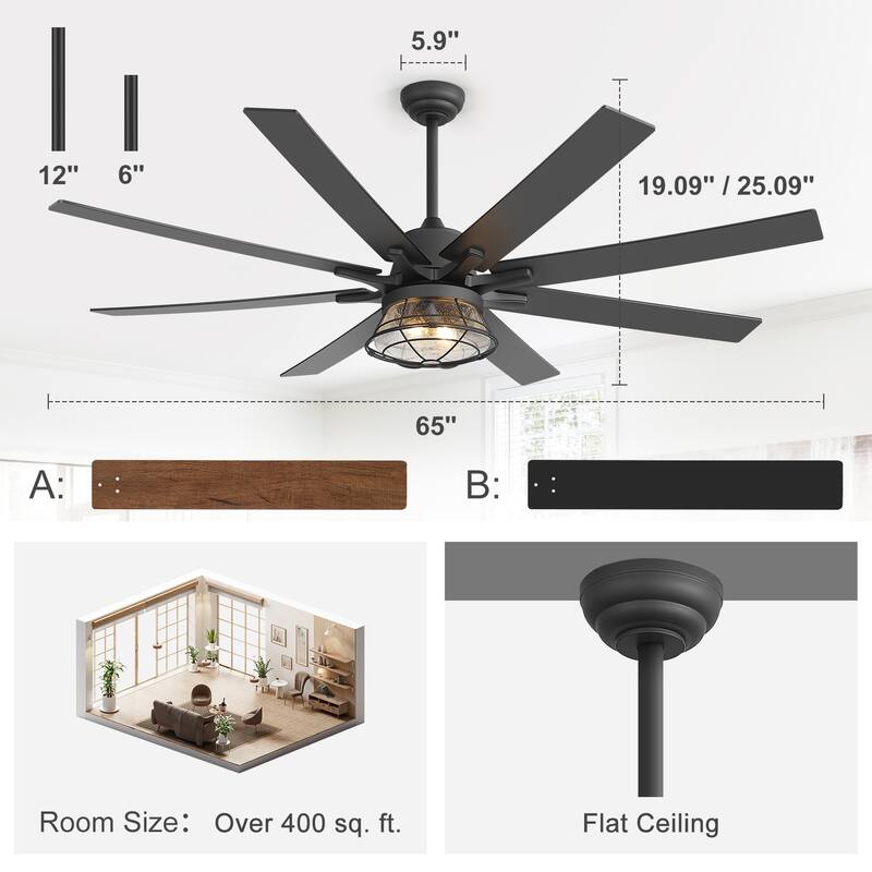 65" Industrial Seeded Glass Black Decorative Ceiling Fan with Remote and Light Kit