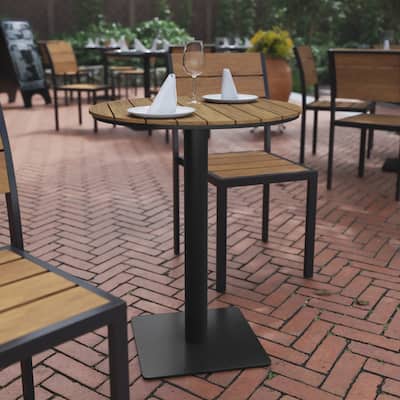 Commercial 24 Inch Round Faux Teak Outdoor Patio Dining Table