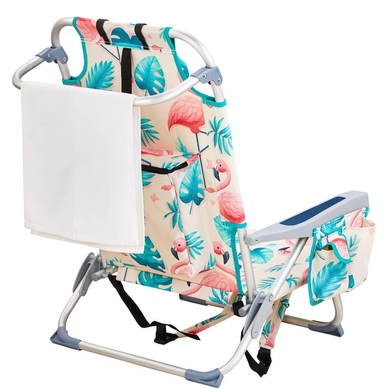 Multi Color Aluminum Folding Beach Chair 5 Position Recliner with Storage - 24.8 x 23.62 x 32.28 in (L x W x H)