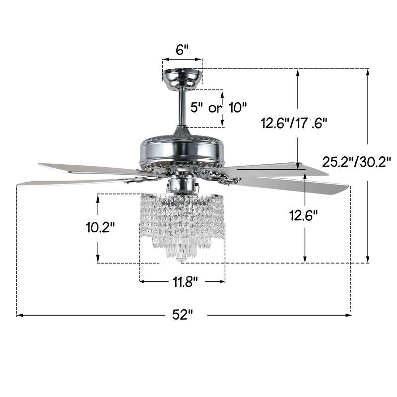 Bella Depot 52" Modern Crystal Ceiling Fan with Remote and Light Kit, 3-Speed Reversible Fan Chandelier
