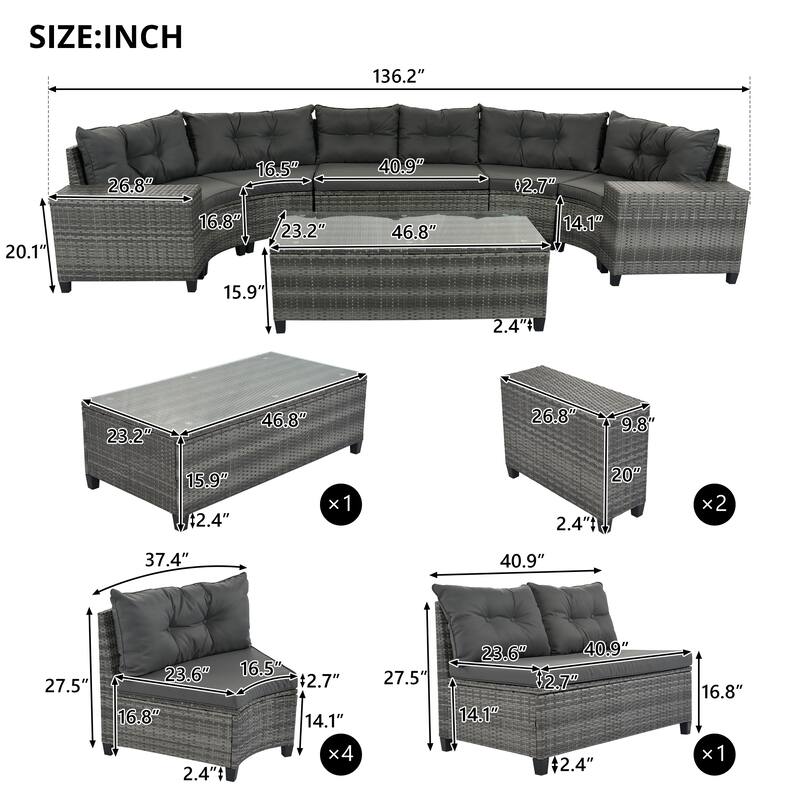 8-Piece Outdoor Patio Wicker Half-Moon Sectional Sofa Set with Rectangular Coffee Table