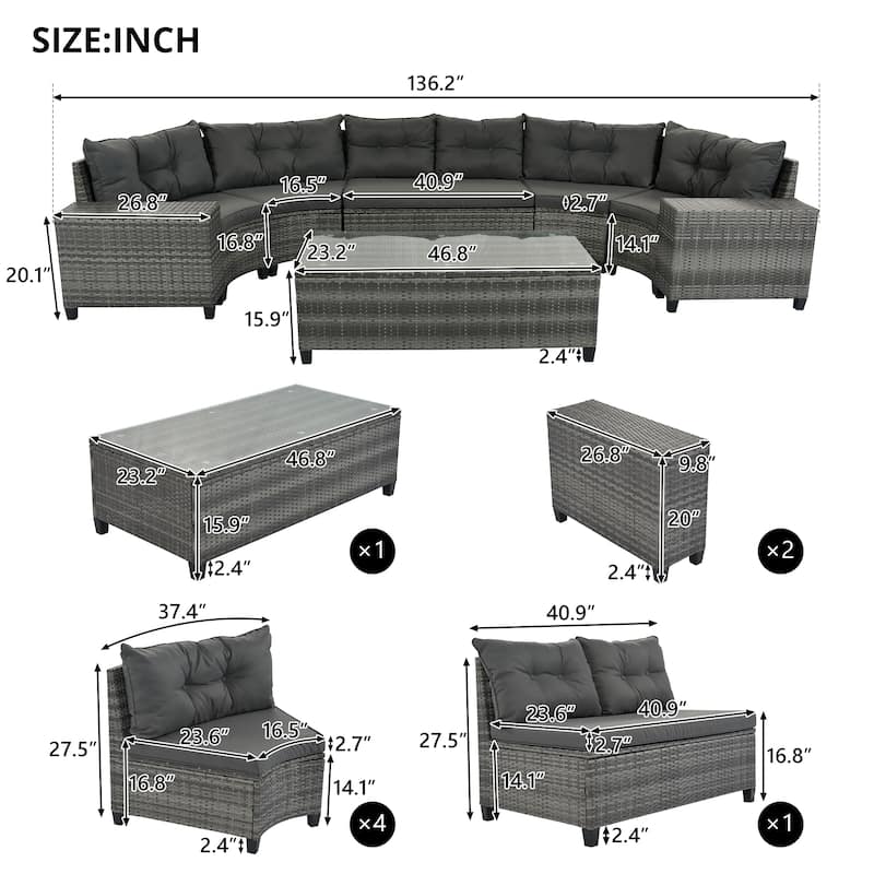 All Weather 8 Pieces Outdoor Patio Furniture Set Half Moon PE Rattan Sectional Sets with Coffee Table and Removable Cushion