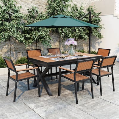 7 Piece Outdoor Patio Dining Table Set and 6 Arm Chairs Extendable Rectangular Dining Table Poolside Casual Picnic Table