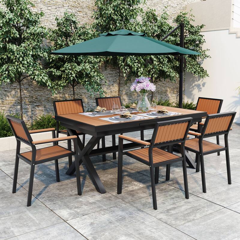 Outdoor Dining Set with 6 Chairs and X-Shaped Legs Extendable Table, Aluminum Patio Dining Table Set