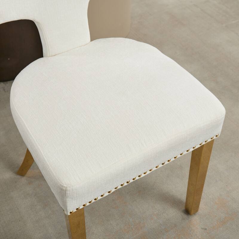 Mid Century Modern Chenille Dining Chairs Set of 2, Upholstered Accent Kitchen Chairs with Nailhead Trim & Gold Steel Legs