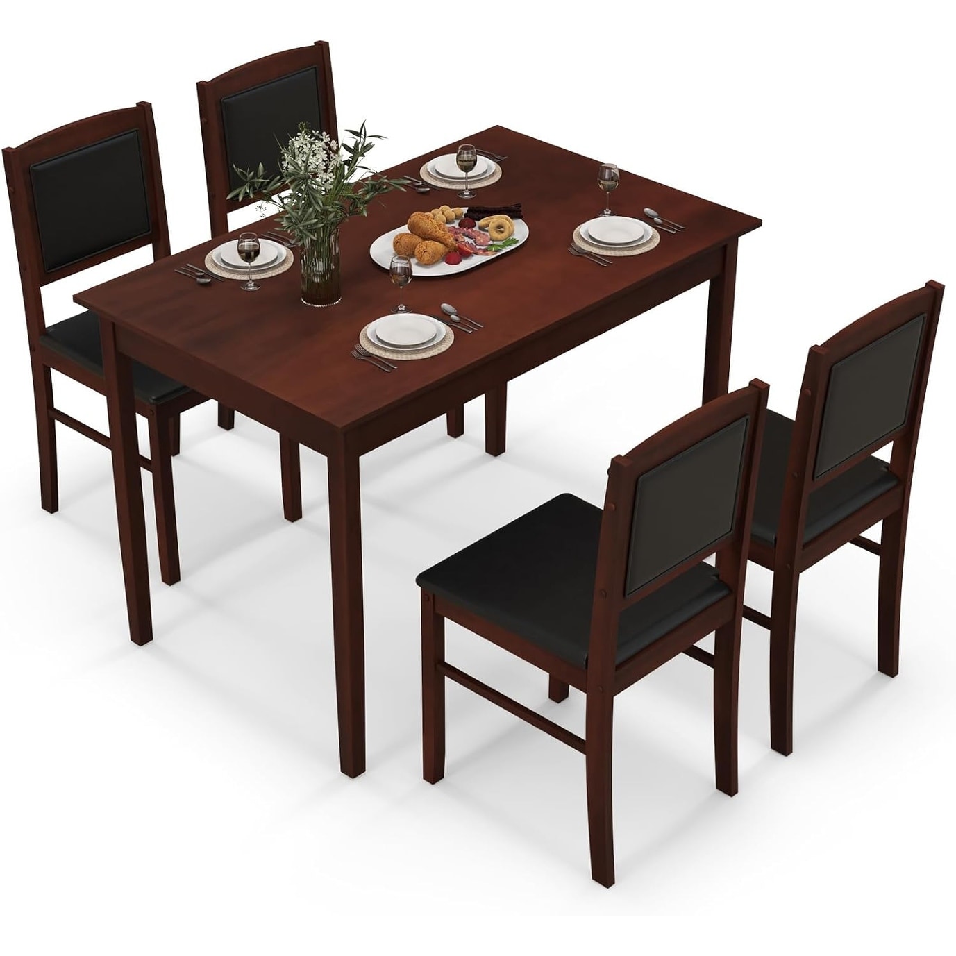 5-Piece Dining Table Set for 4 with Wood Legs, Upholstered Chairs, Space-Saving Design
