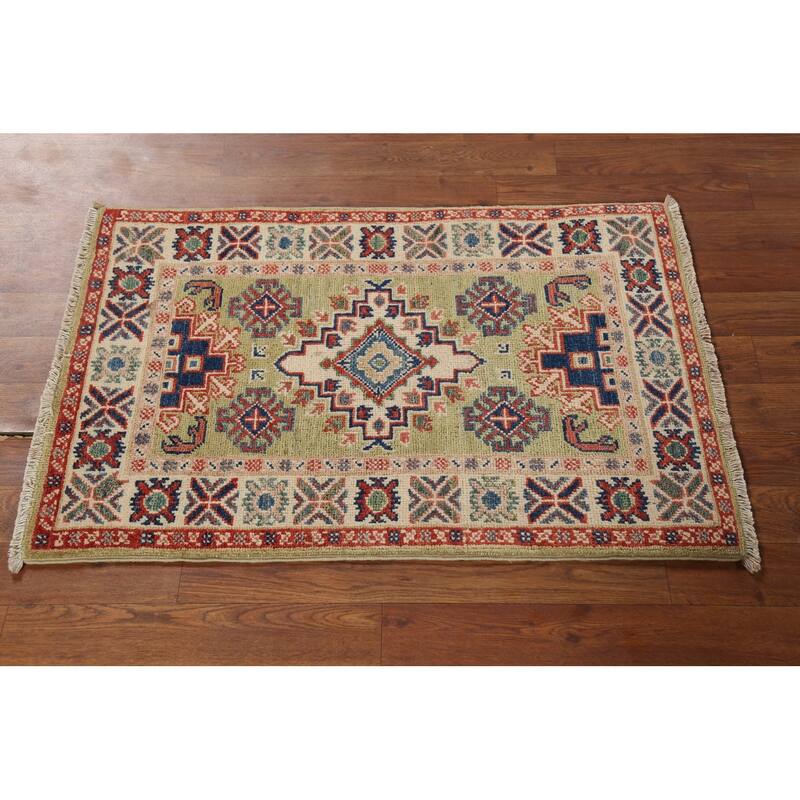 Pistachio Green Geometric Kazak Oriental Rug Hand-Knotted Wool Carpet - 2'1"x 2'10"