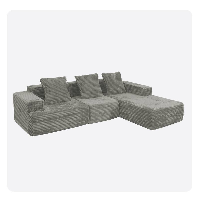 Compression Sectional Sofa with L Shape Chaise, Corduroy Deep Seat Boneless Couches, Modular 3 Seat Corner Sofa