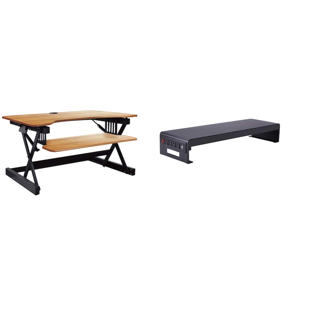 Rocelco 40 in. W Beige Height Adjustable Standing Desk Converter with Dual Monitor Stand and Deep Keyboard Tray