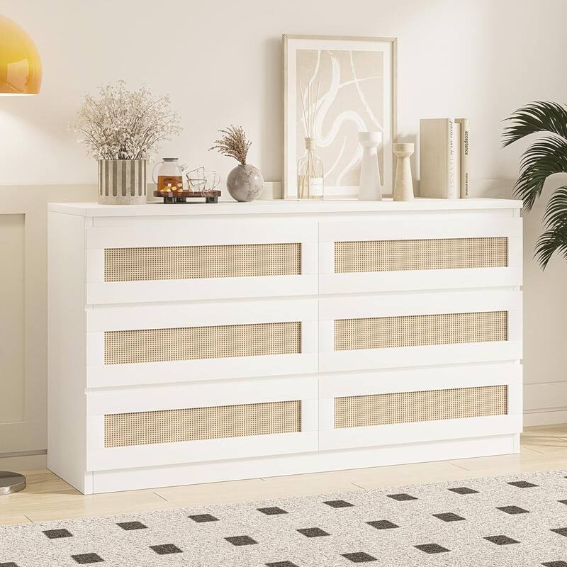 Rattan Dresser for Bedroom, Modern 6 Drawer Double Dresser with Anti-Tip Kit - White