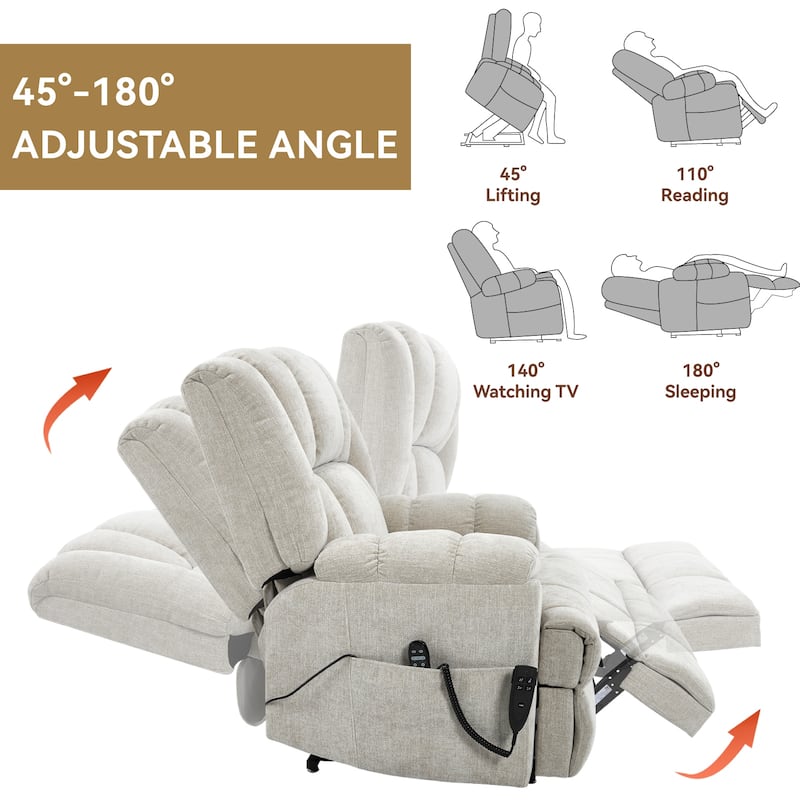 Beige Chenille Power Lift Recliner Chair with Dual Motor Massage Lumbar Heat