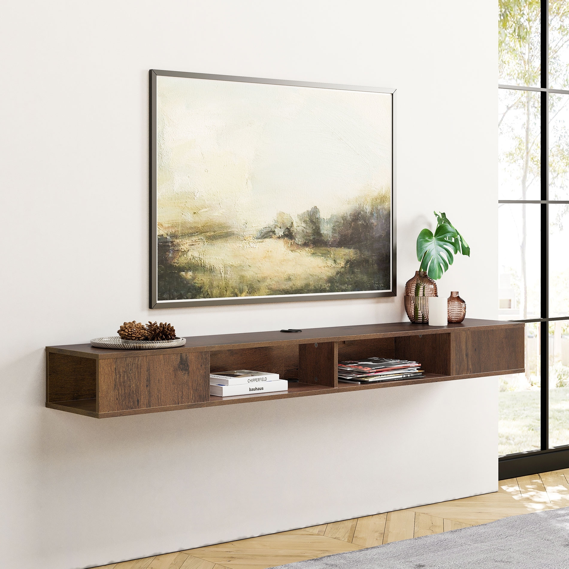 Floating Wall Mounted TV Stand with Storage Brown 70 Inch