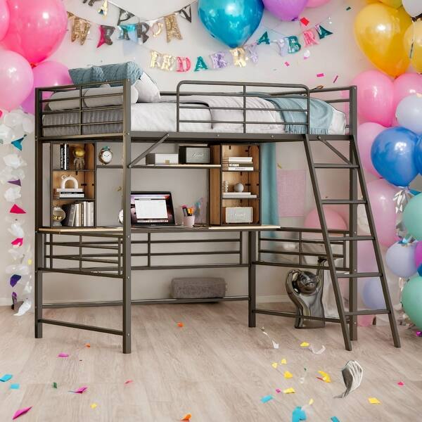 slide 2 of 19, Full Size Loft Bed with Desk, Metal Bed with Ladder and Storage Shelves Black
