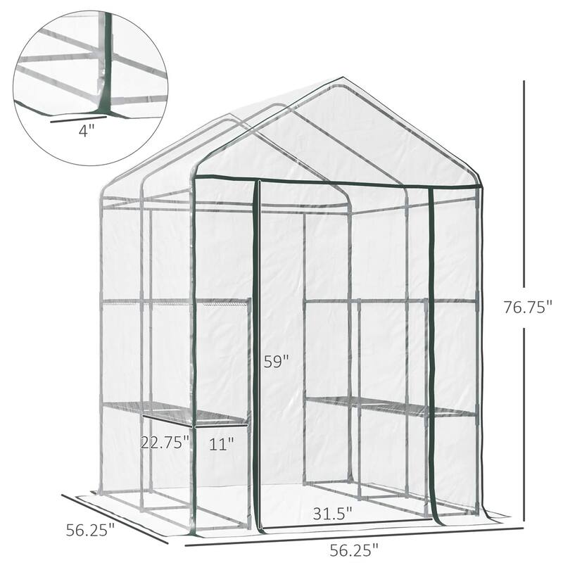 Clear Plastic Steel Frame Walk-In Greenhouse with Shelves and Cover - Clear-56.25" L x 56.25" W x 76.75" H