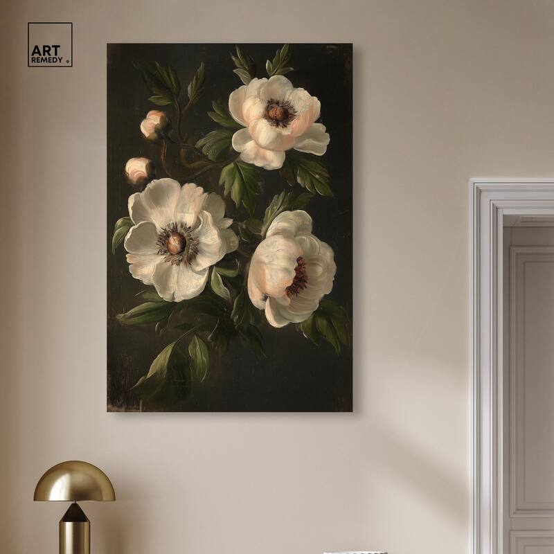 White Peonies in Dark I Canvas by Art Remedy, Gallery Wrapped