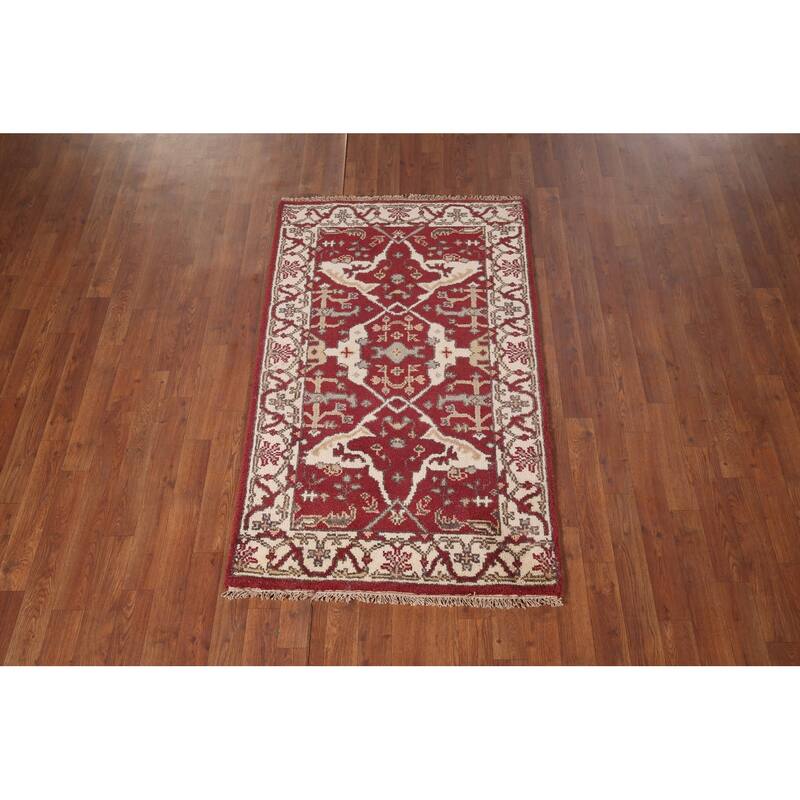 Red & Ivory Oushak Indian Accent Rug Hand-Knotted Wool Carpet - 2'11"x 4'9"