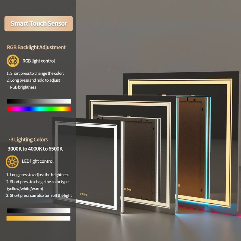 Square RGB Colorful LED Lighted Bathroom Mirror Fogless 32" x 32