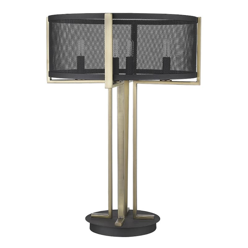 Brass Metal Geometric Table Lamp with Black Drum Shade and 4 Lights - 18” x 18” x 25”
