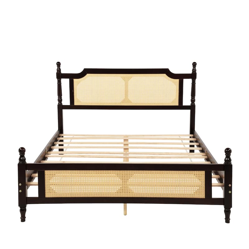 Queen Pine Wooden Bed with Rattan Headboard and Footboard, Central Enhanced Bed Platform, Espresso