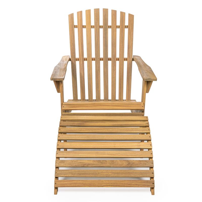 Shoreham 2-Piece Traditional Rustic Acacia Wood Adirondack Chair with Detachable Ottoman, by JONATHAN Y - Teak Brown
