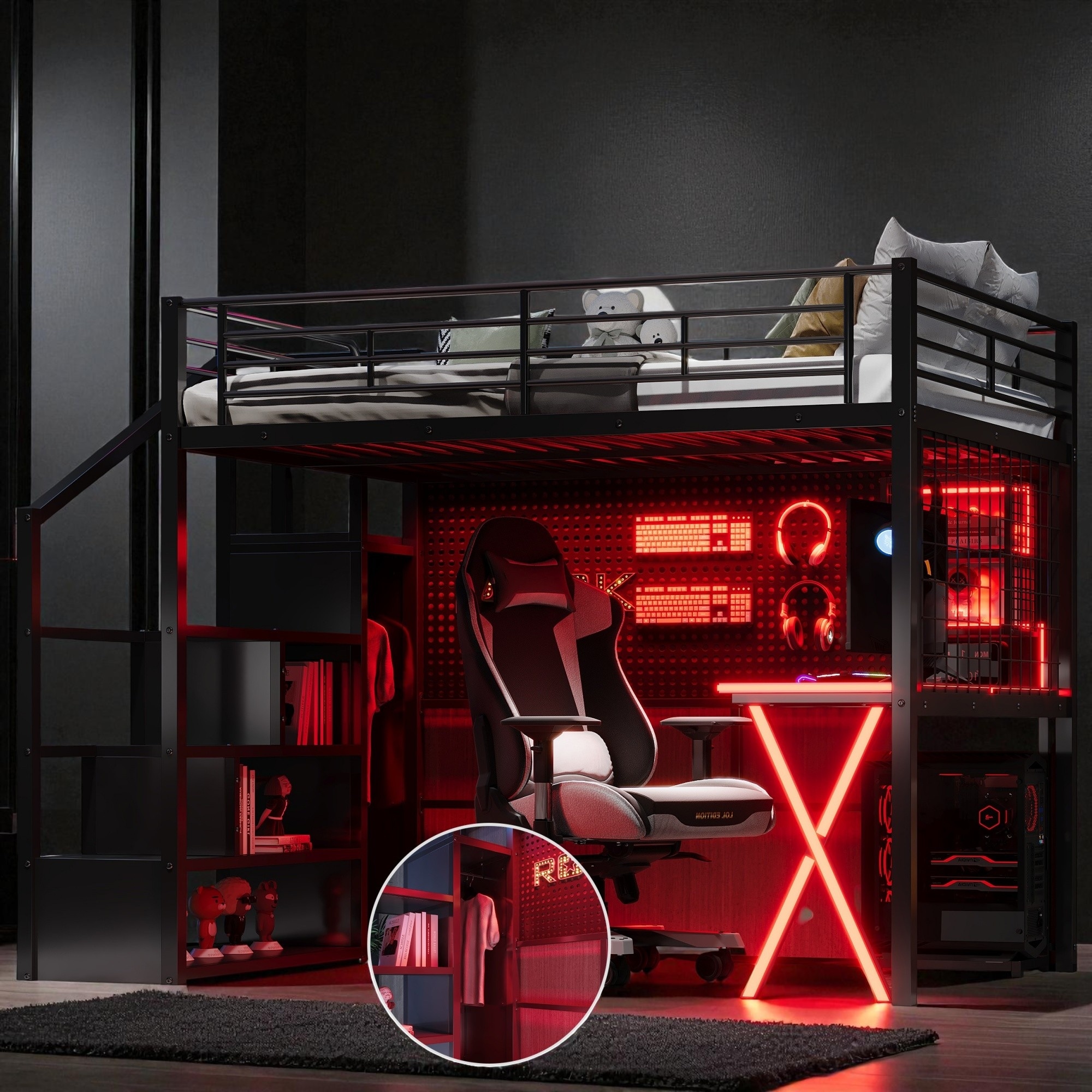 Full Size Metal Loft Bed with LED Desk, Storage Staircase, Wardrobe, Shelves and Workstation for Bedroom or Dorm