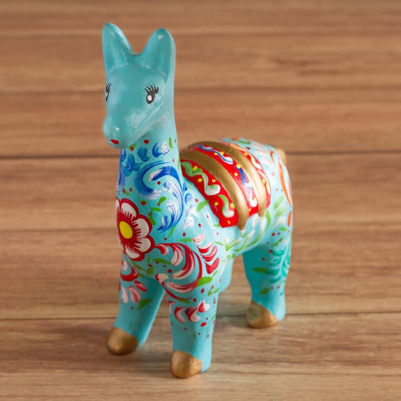 Novica Handmade Llama In Aqua Ceramic Statuette