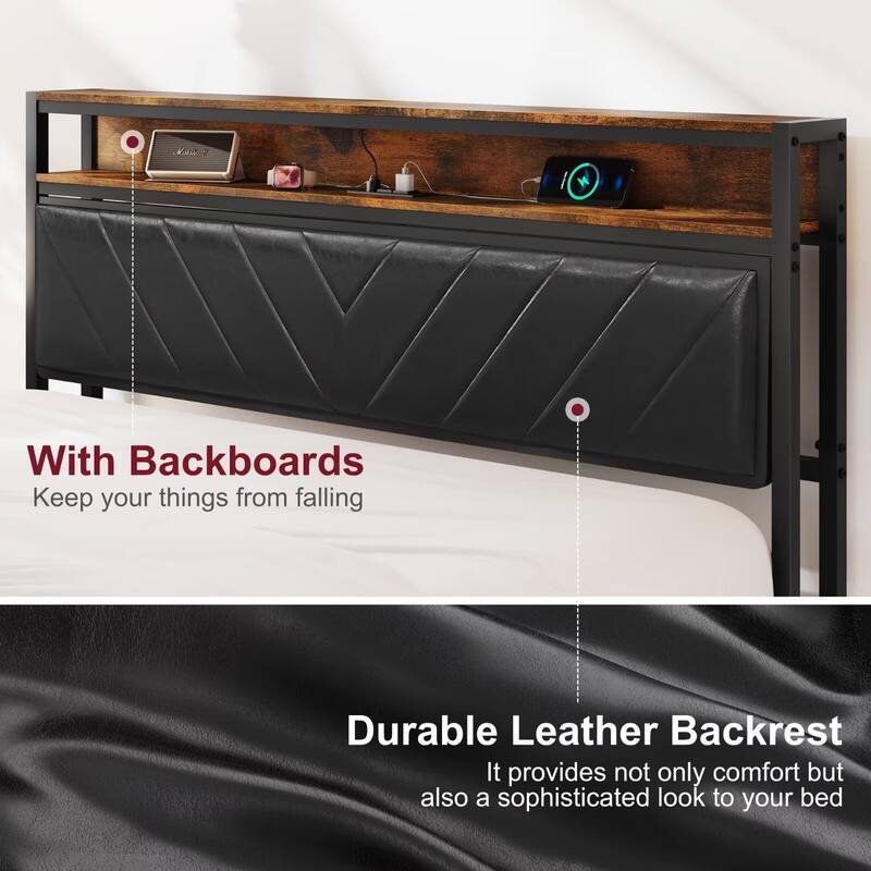 Full Size Metal Platform Bed Frame with Adjustable Upholstered Headboard, Charging Station